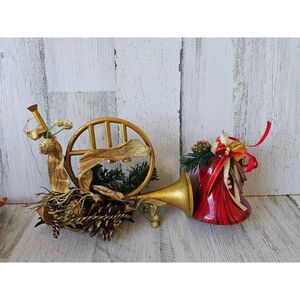 Large trumpet bell Xmas gold red decor tuba